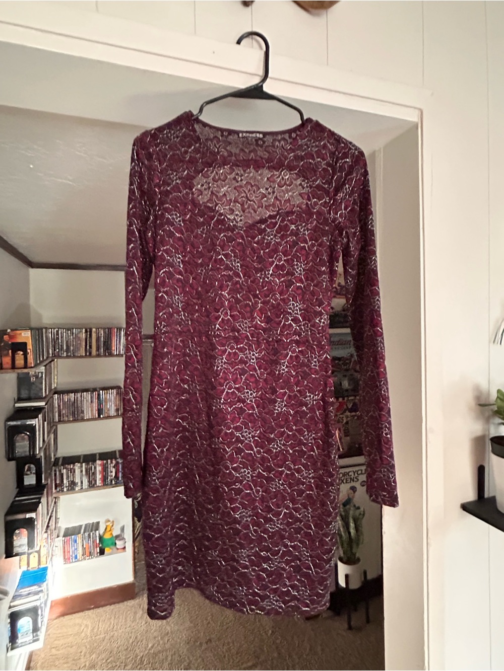 Express Long Sleeve Floral Lace Dress in Burgundy